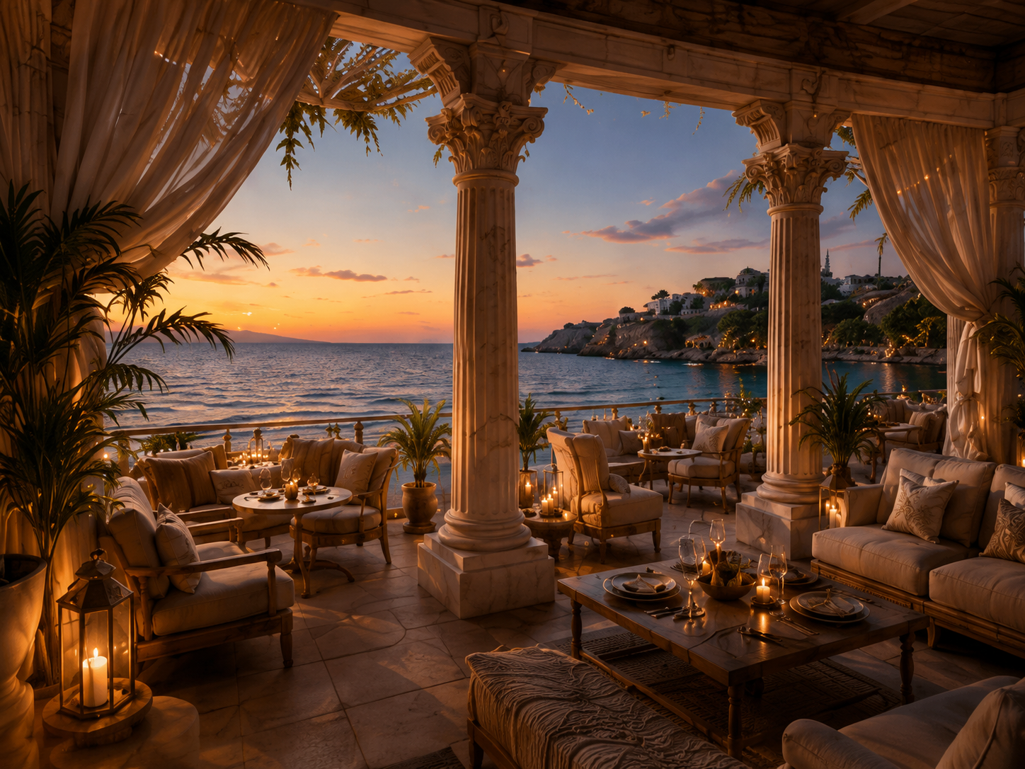 Luxury coastal lounge at sunset