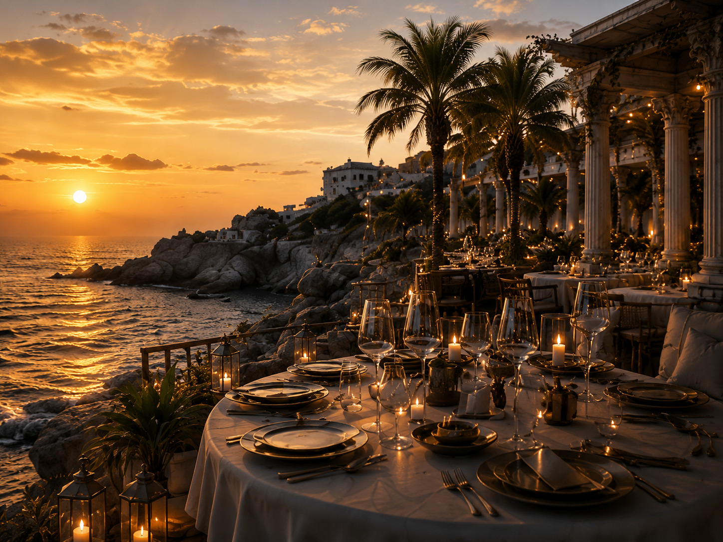 Fine dining beside the sea at sunset